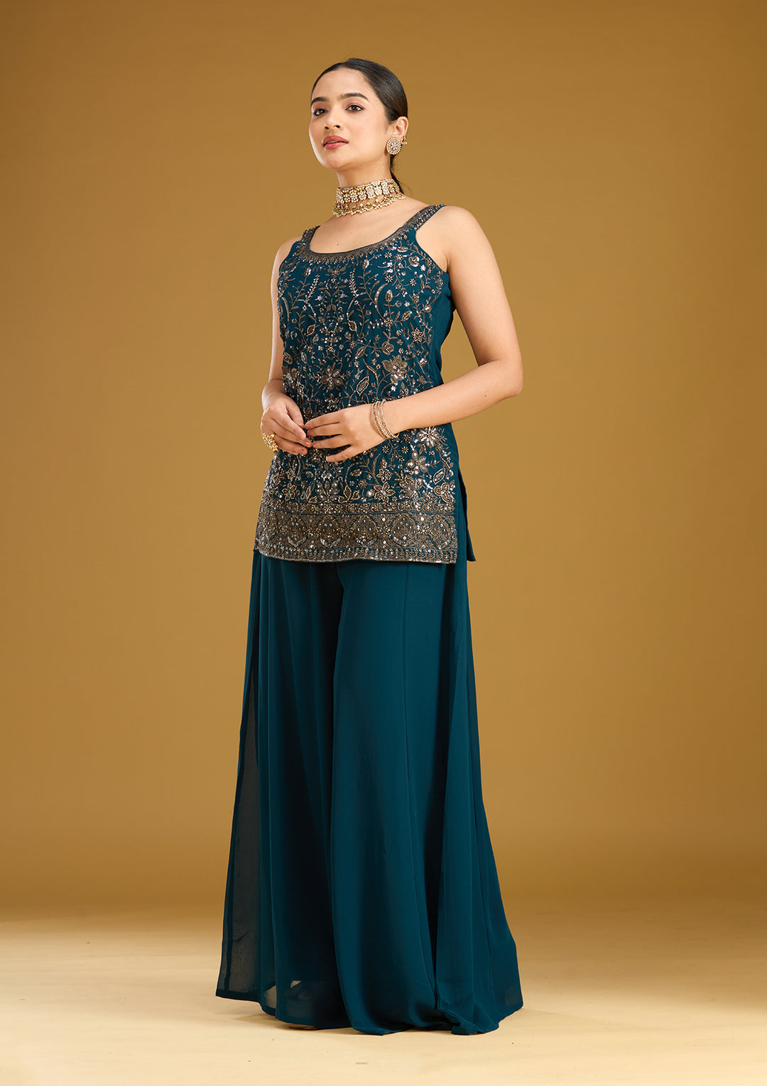 Peacock Blue Cutdana Georgette Readymade Salwar Suit