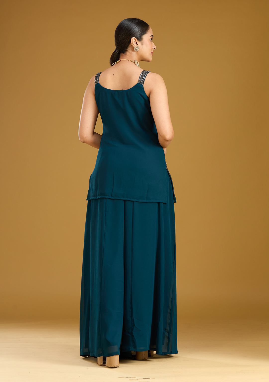 Peacock Blue Cutdana Georgette Readymade Salwar Suit