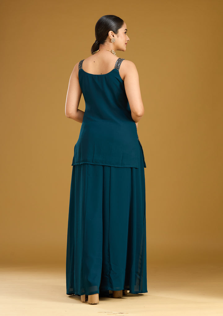 Peacock Blue Cutdana Georgette Readymade Salwar Suit