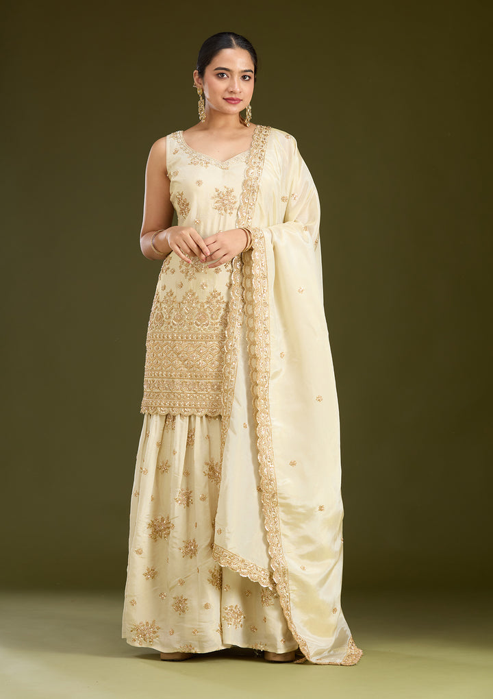 Cream Zariwork (Gold) Tissue Readymade Salwar Suit