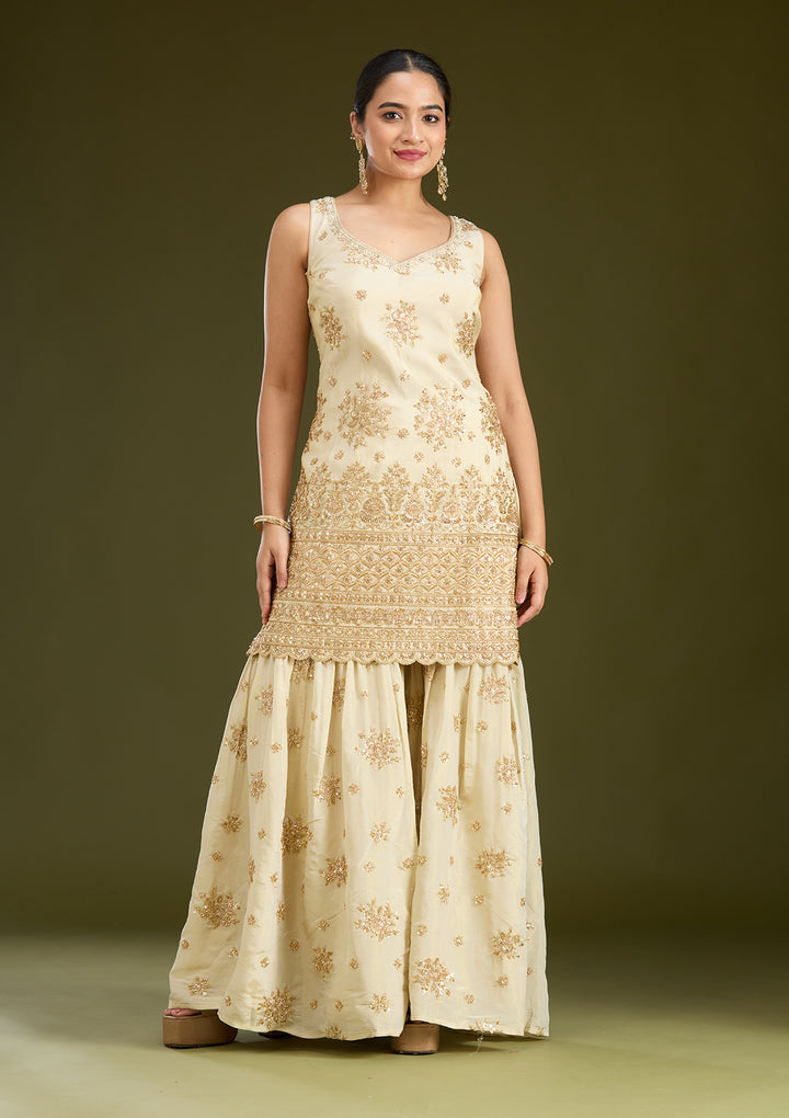 Cream Zariwork (Gold) Tissue Readymade Salwar Suit