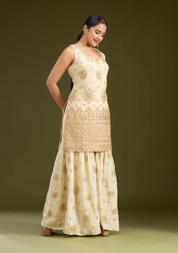 Cream Zariwork (Gold) Tissue Readymade Salwar Suit