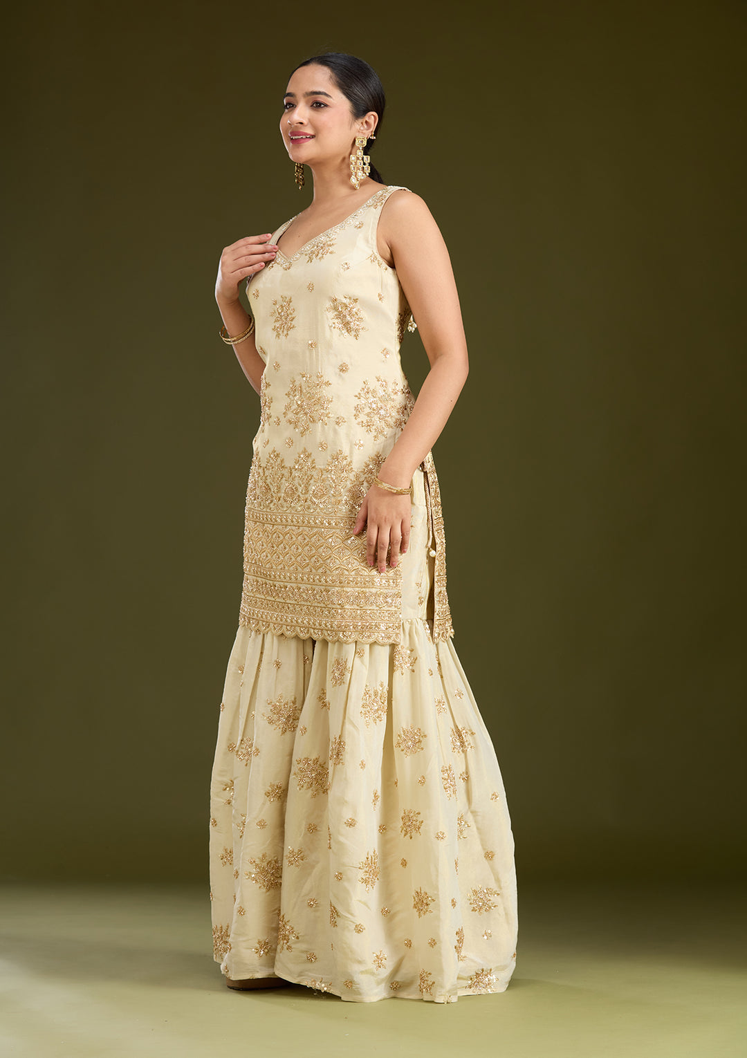 Cream Zariwork (Gold) Tissue Readymade Salwar Suit