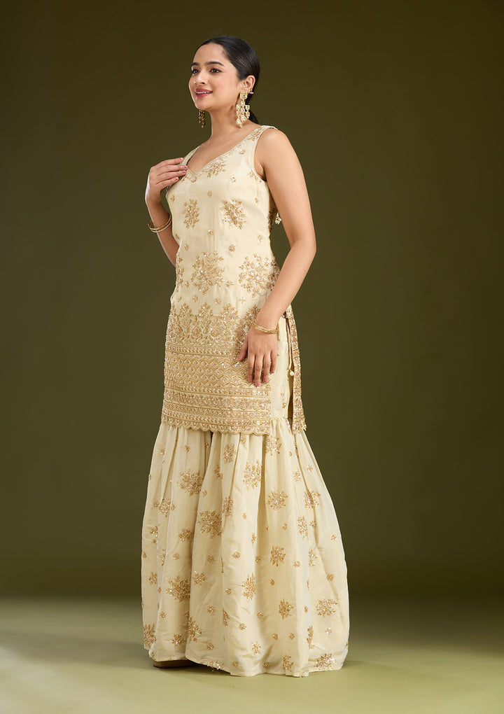 Cream Zariwork (Gold) Tissue Readymade Salwar Suit