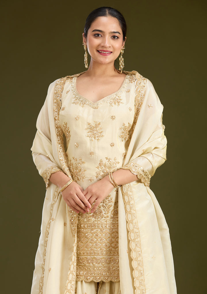 Cream Zariwork (Gold) Tissue Readymade Salwar Suit