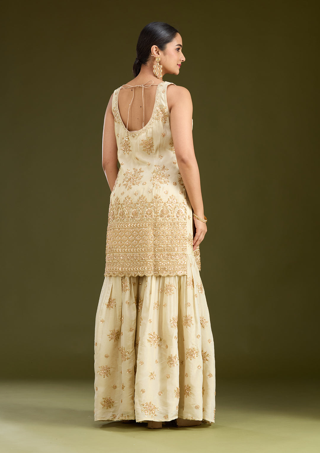 Cream Zariwork (Gold) Tissue Readymade Salwar Suit