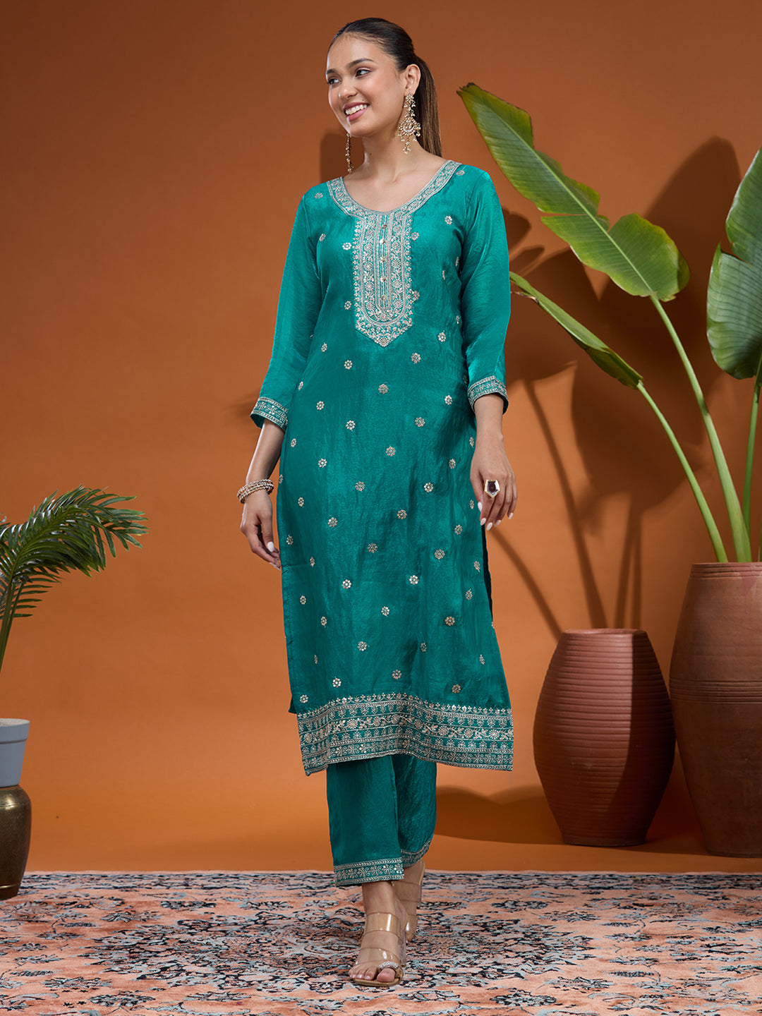 Blue Zariwork (Gold) Tissue Readymade Salwar Suit