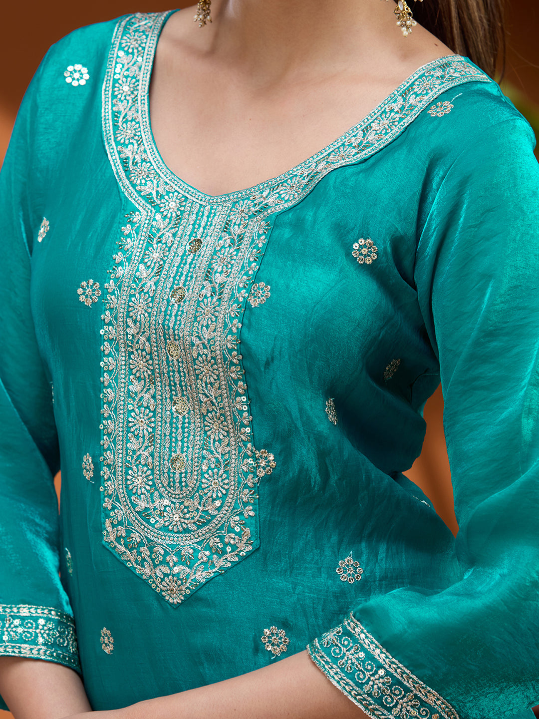 Blue Zariwork (Gold) Tissue Readymade Salwar Suit