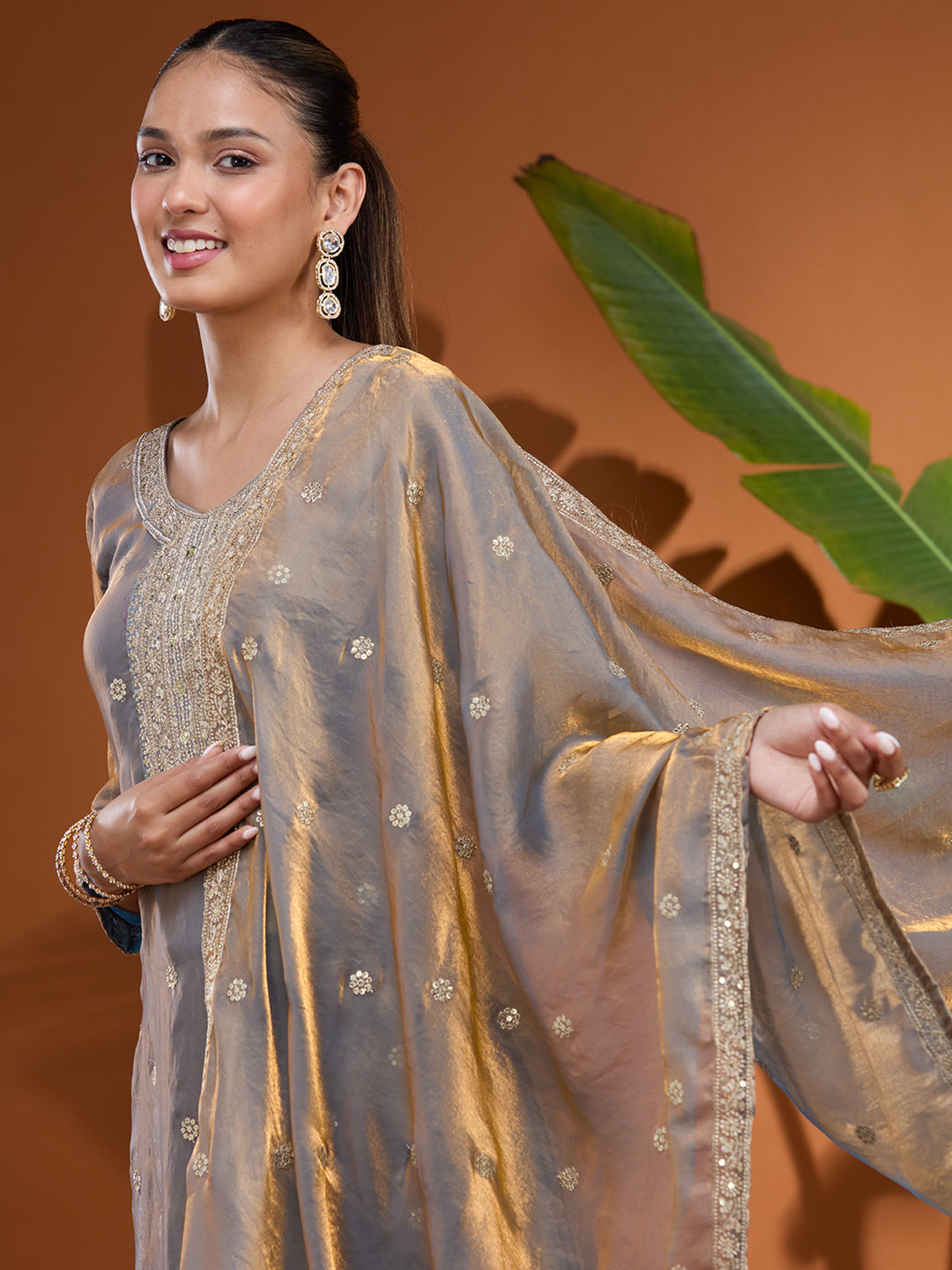 Grey Sequins Soft Raw Silk Readymade Salwar Suit