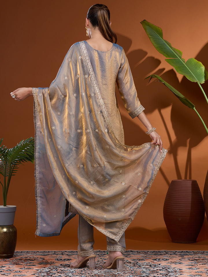 Grey Sequins Soft Raw Silk Readymade Salwar Suit