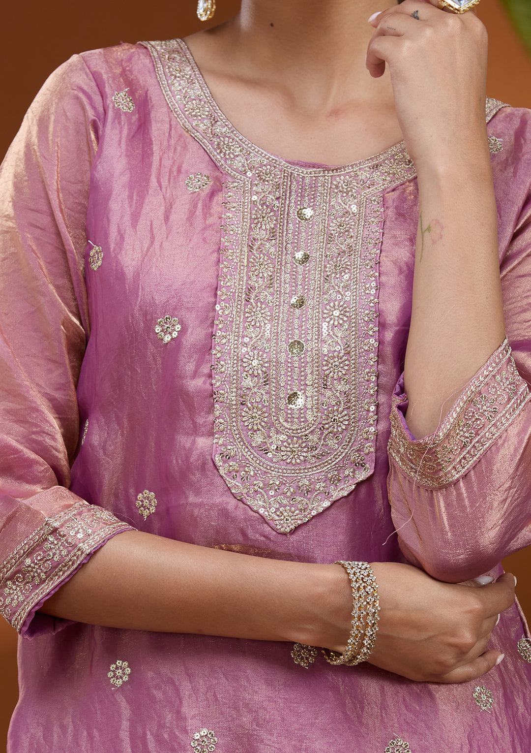 Onion Pink Zariwork (Gold) Tissue Readymade Salwar Suit