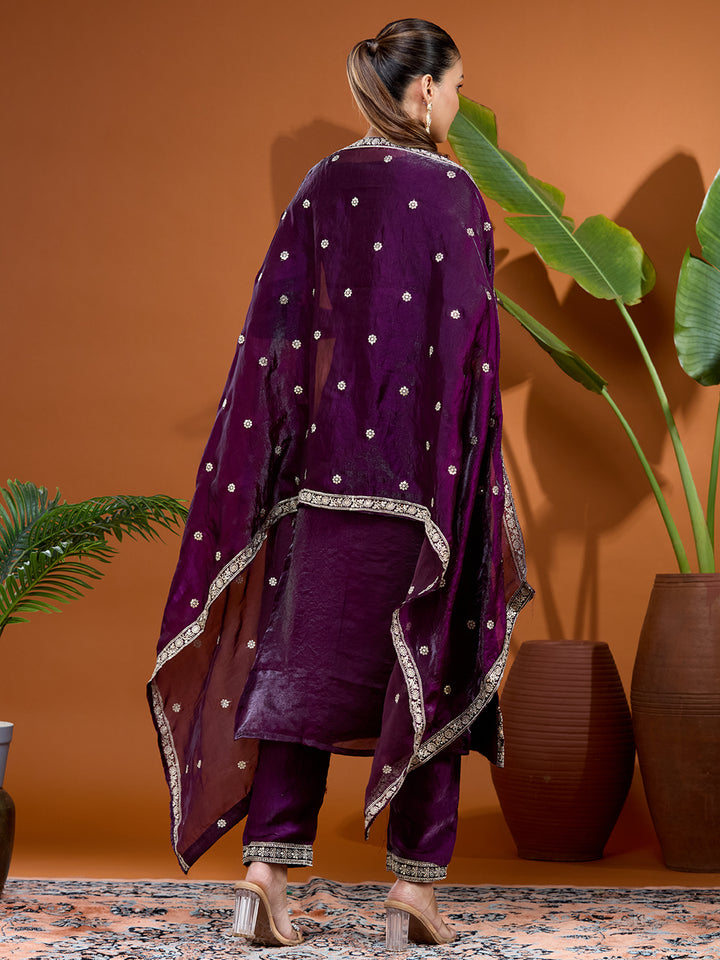 Purple Sequins Soft Raw Silk Readymade Salwar Suit