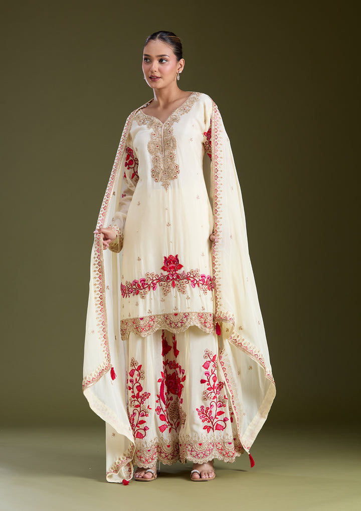 Off White Zariwork (Gold) Crepe Readymade Salwar Suit