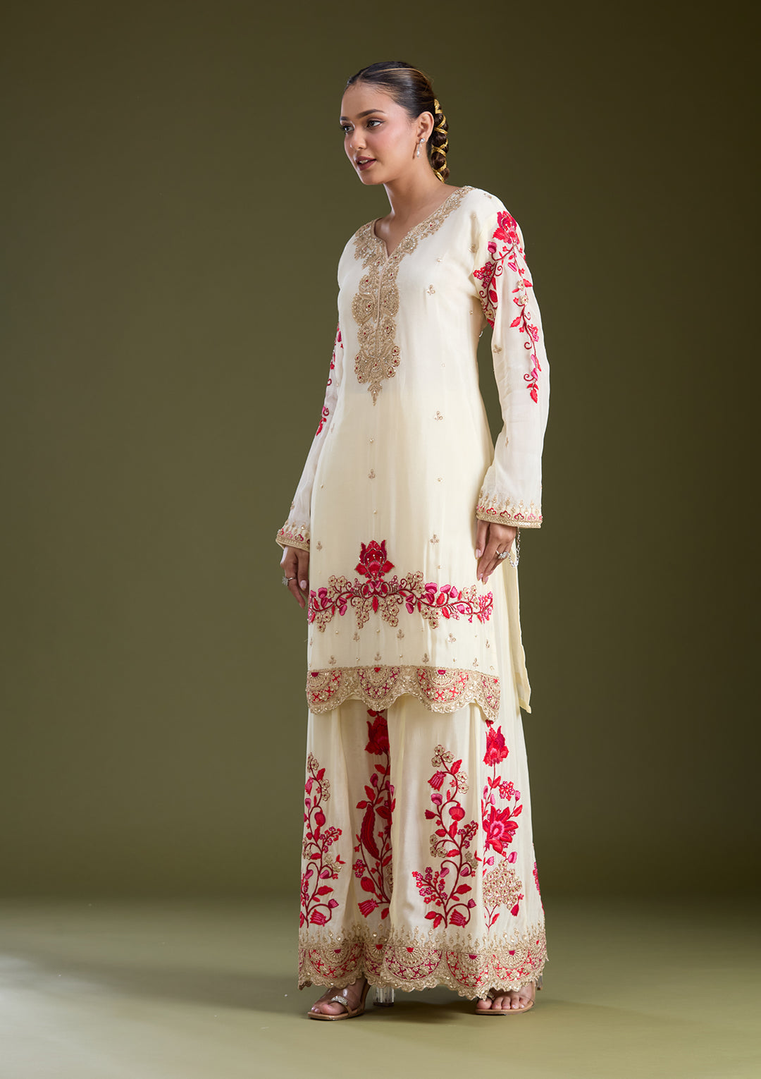Off White Zariwork (Gold) Crepe Readymade Salwar Suit