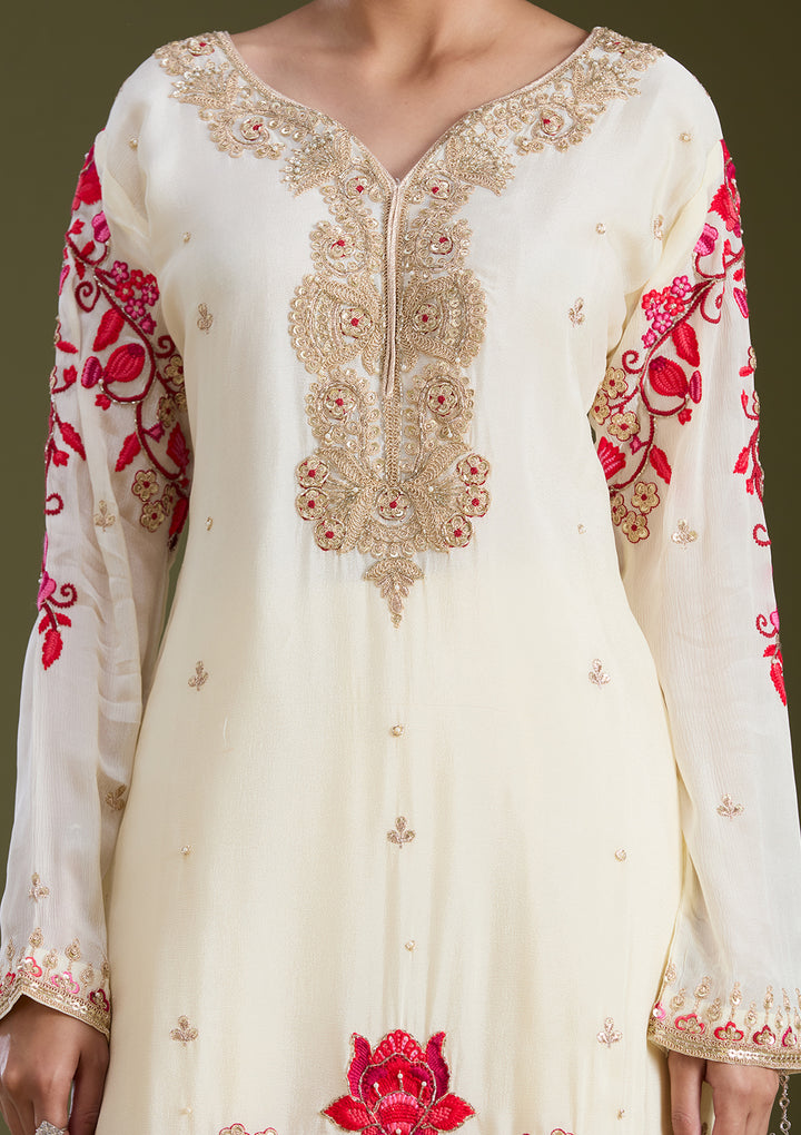 Off White Zariwork (Gold) Crepe Readymade Salwar Suit