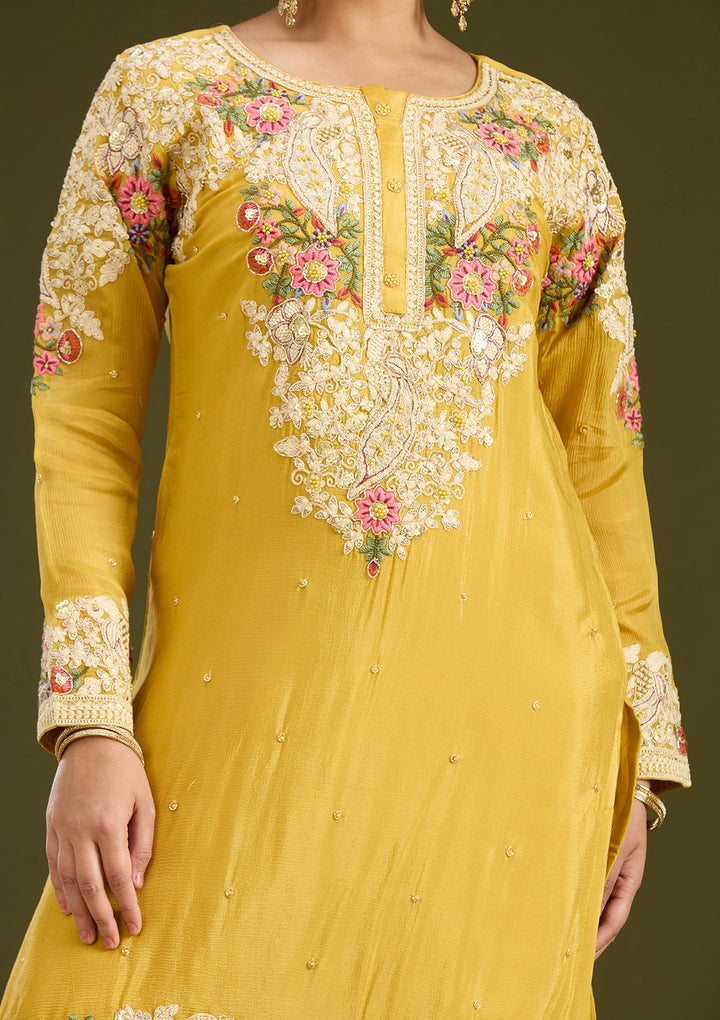 Mustard Yellow Silver Zariwork Crepe Readymade Salwar Suit