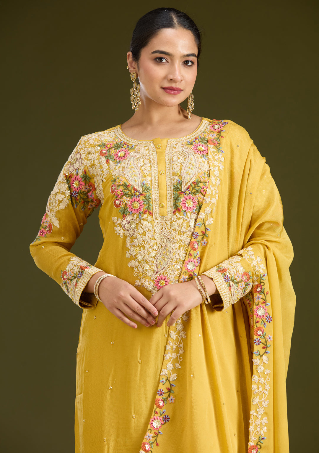 Mustard Yellow Silver Zariwork Crepe Readymade Salwar Suit