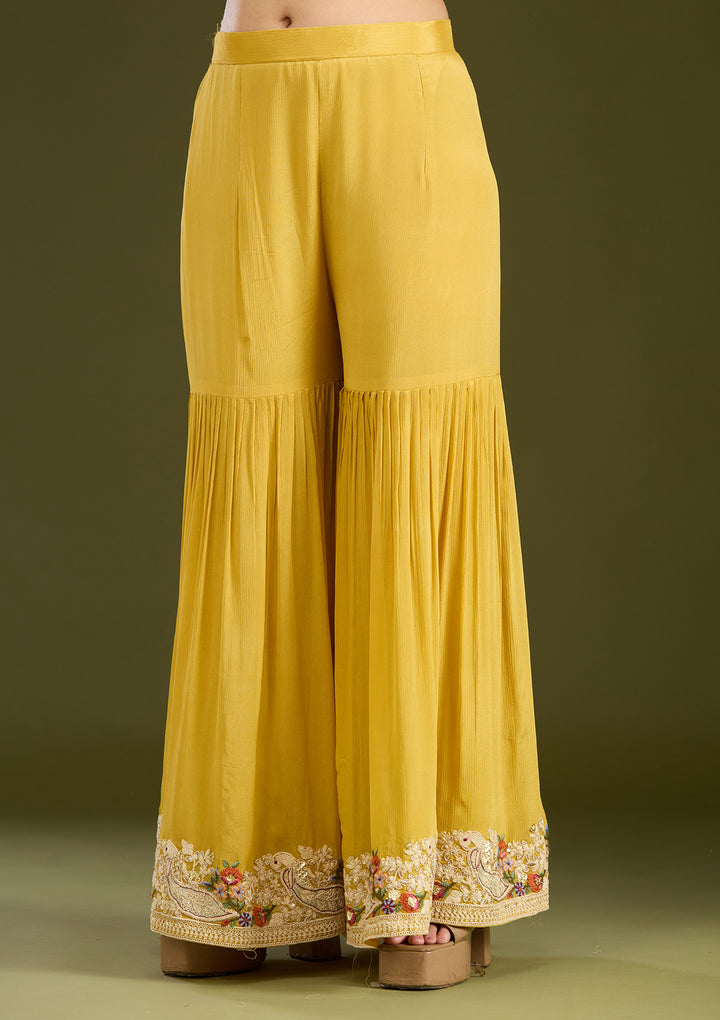 Mustard Yellow Silver Zariwork Crepe Readymade Salwar Suit