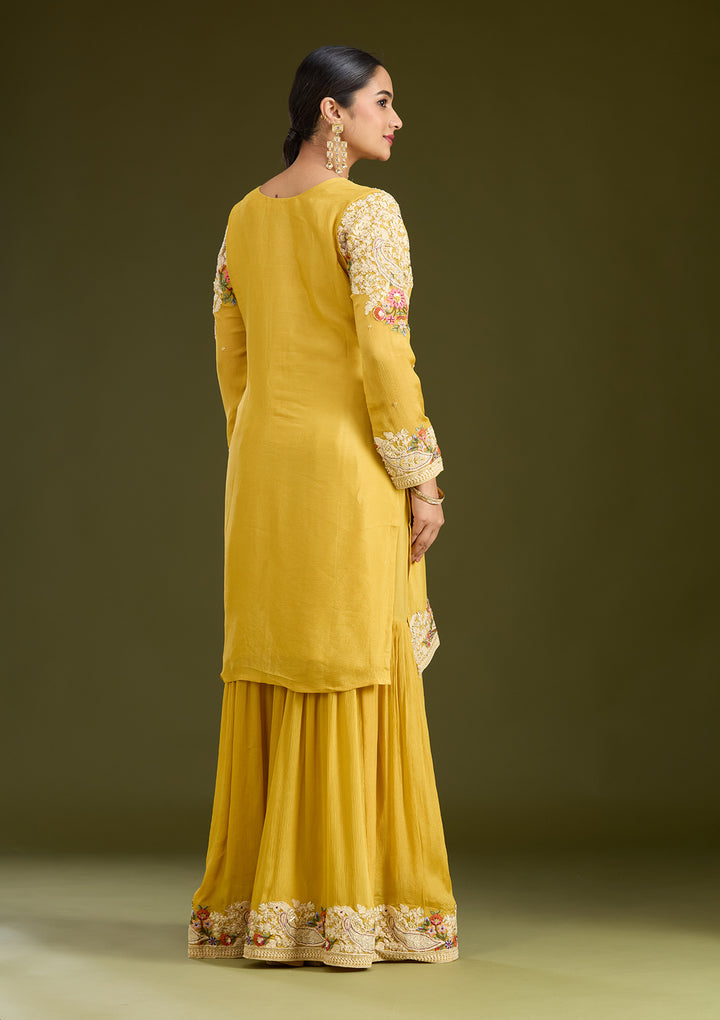 Mustard Yellow Silver Zariwork Crepe Readymade Salwar Suit