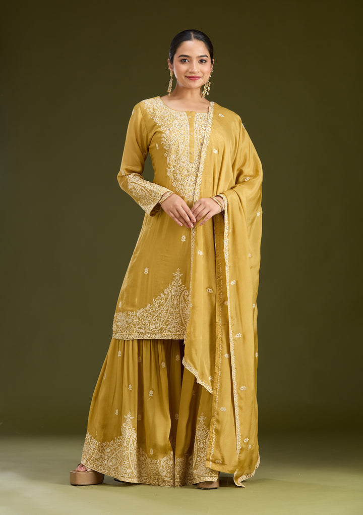 Mustard Yellow Mirrorwork Soft Raw Silk Readymade Salwar Suit