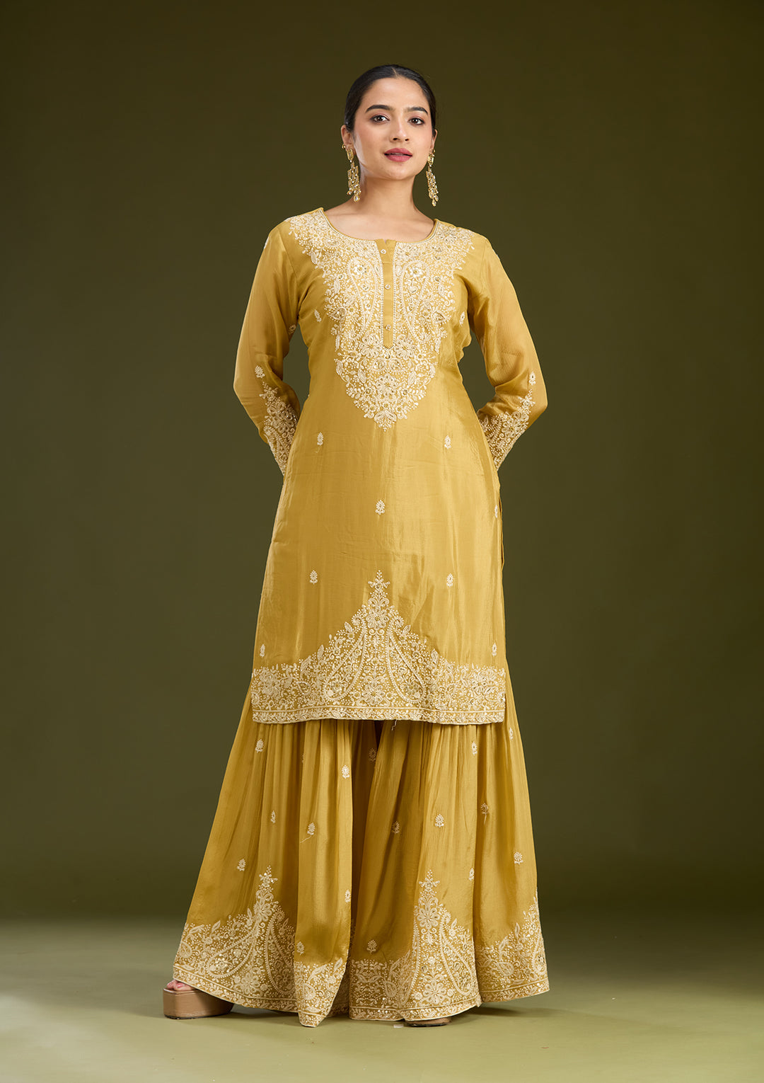 Mustard Yellow Mirrorwork Soft Raw Silk Readymade Salwar Suit