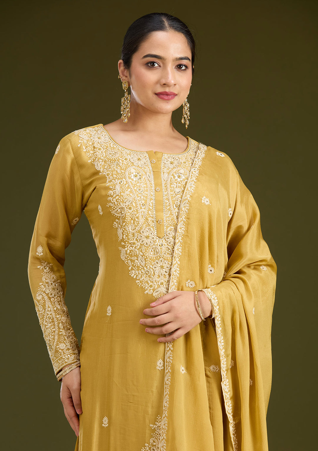 Mustard Yellow Mirrorwork Soft Raw Silk Readymade Salwar Suit