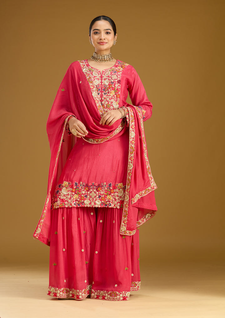 Pink Threadwork Soft Raw Silk Readymade Salwar Suit