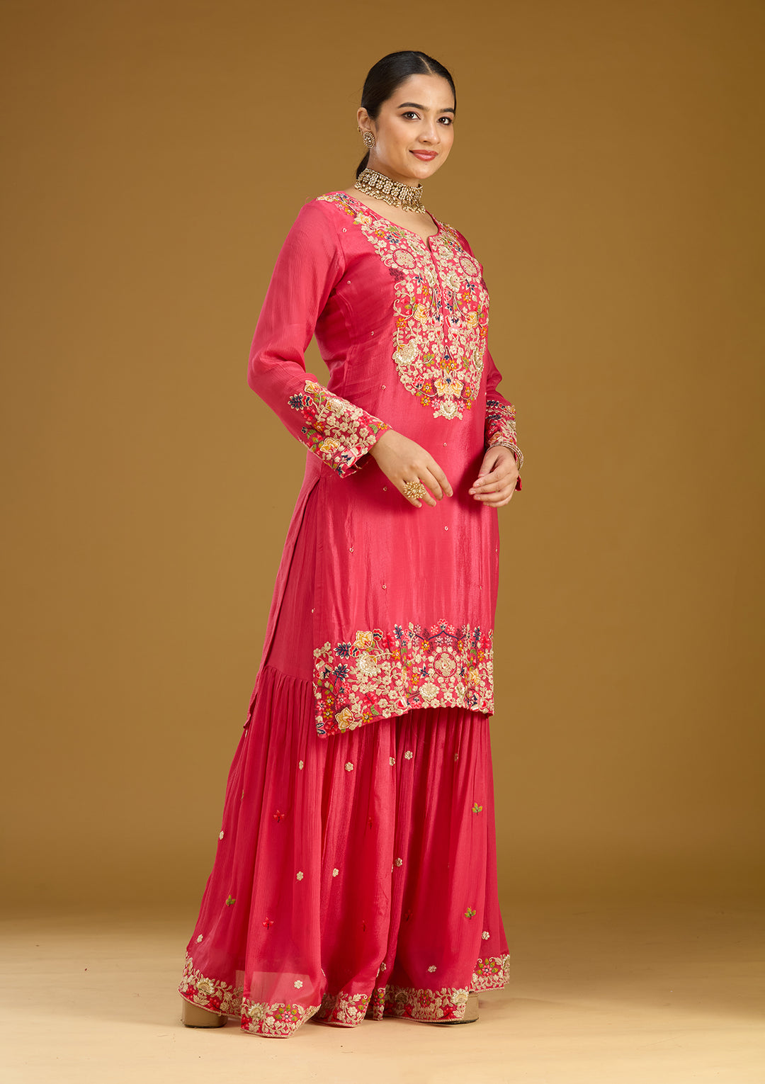 Pink Threadwork Soft Raw Silk Readymade Salwar Suit