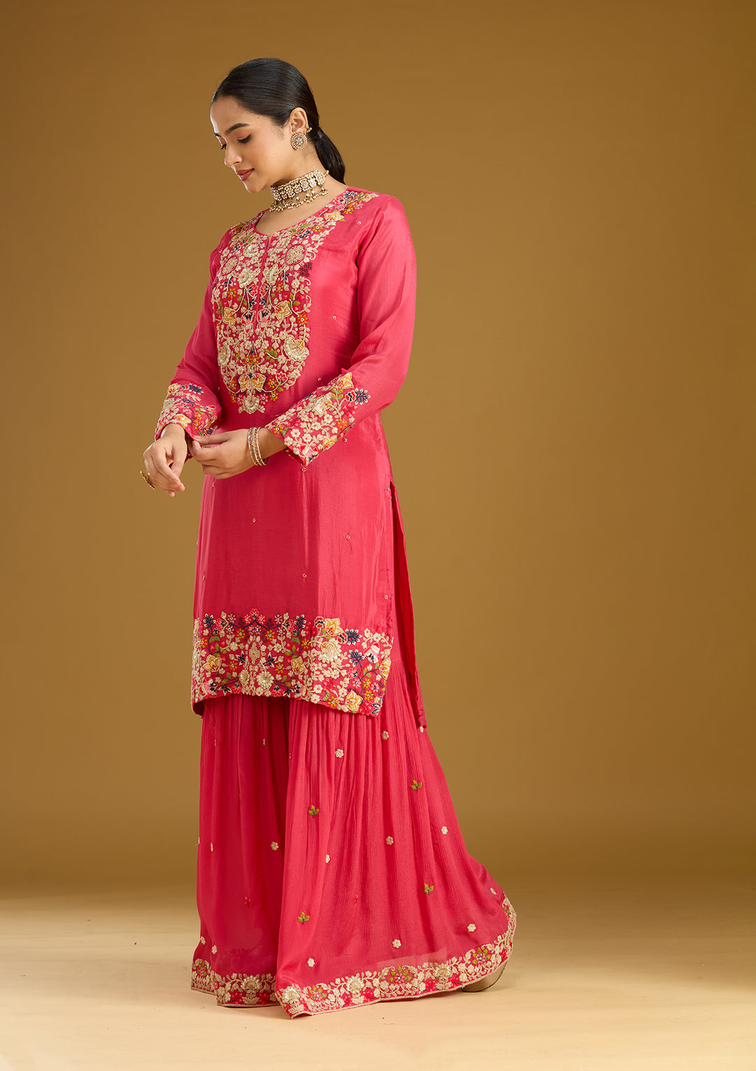 Pink Threadwork Soft Raw Silk Readymade Salwar Suit
