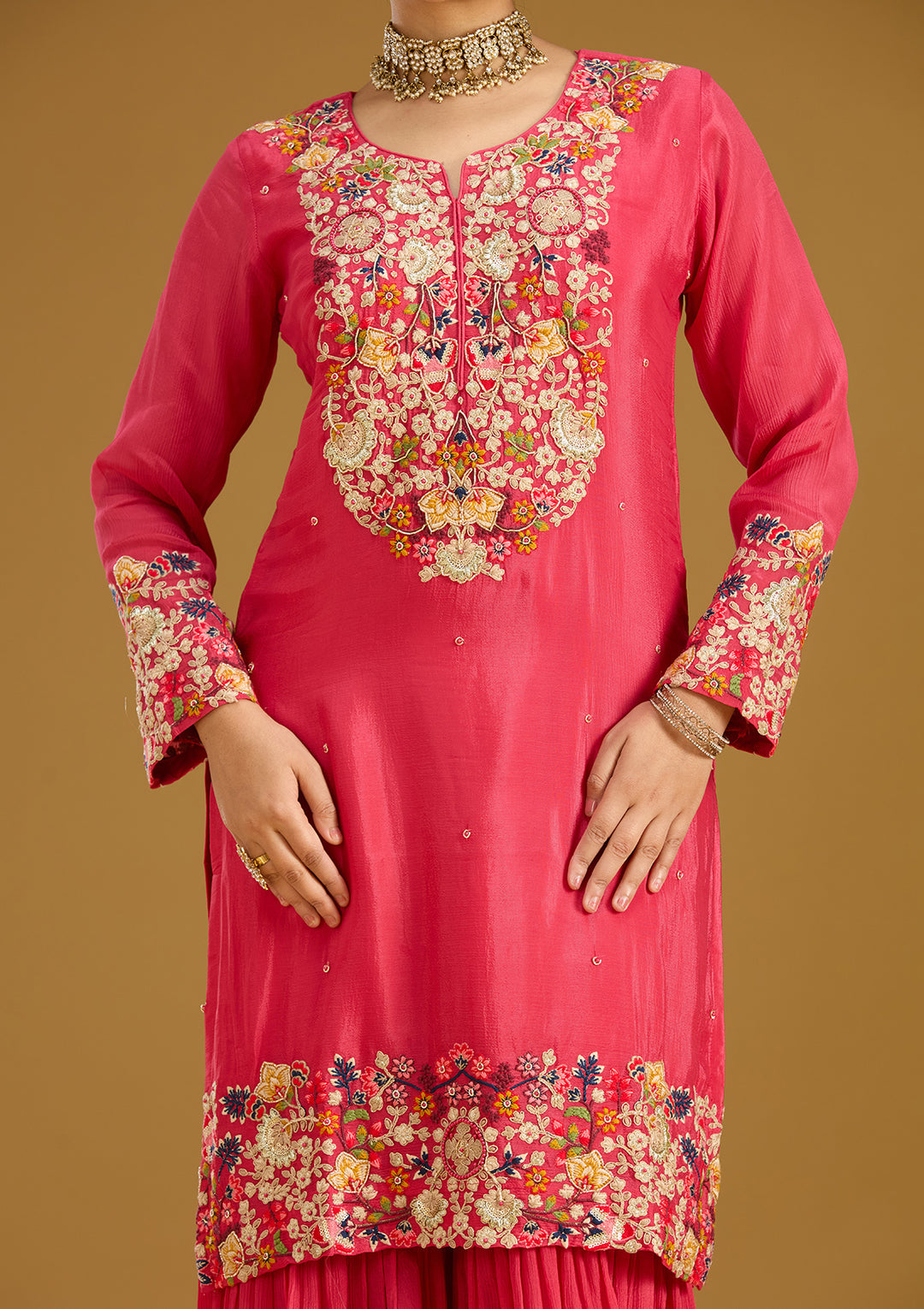 Pink Threadwork Soft Raw Silk Readymade Salwar Suit