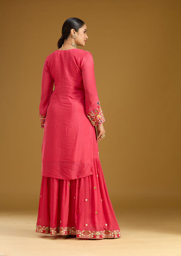 Pink Threadwork Soft Raw Silk Readymade Salwar Suit