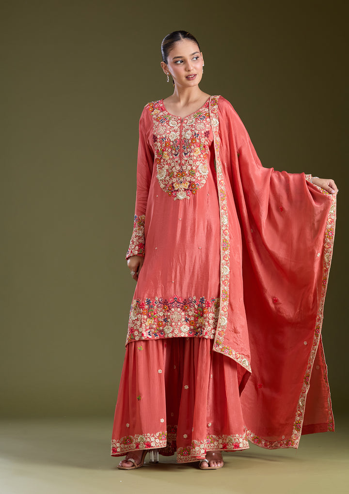 Rust Threadwork Crepe Readymade Salwar Suit