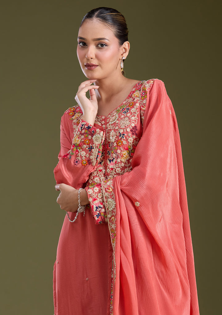 Rust Threadwork Crepe Readymade Salwar Suit