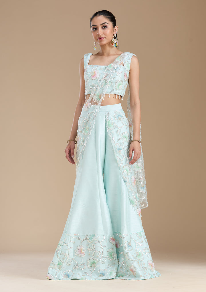 Sky Blue Sequins Soft Raw Silk Readymade Salwar Suit