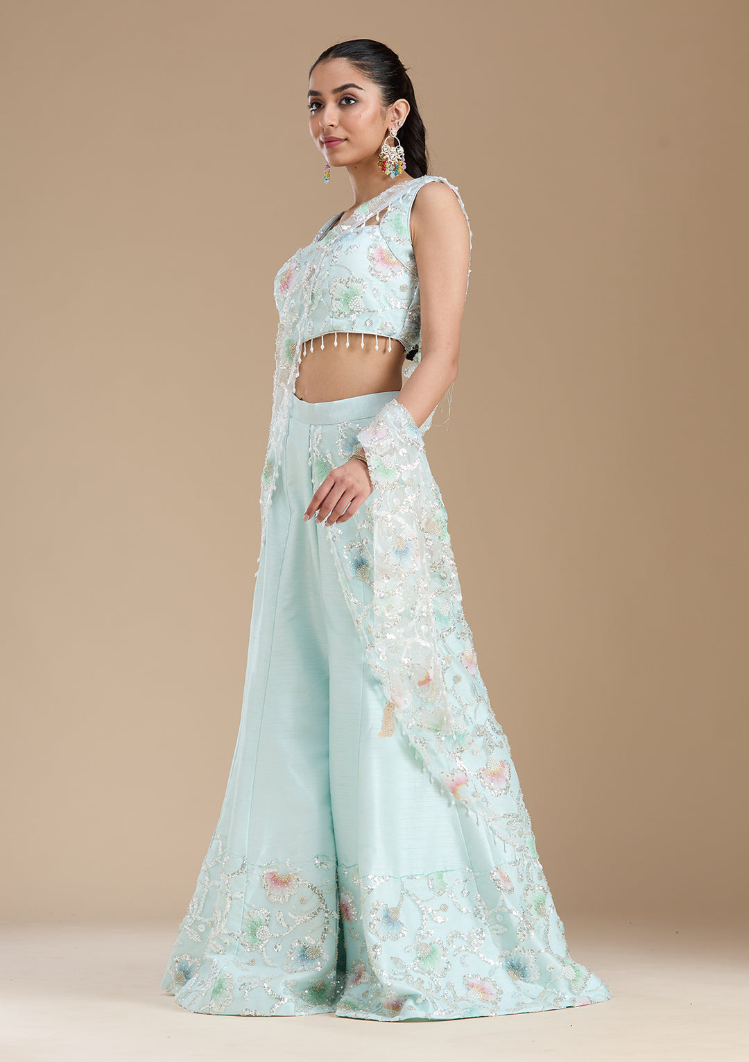 Sky Blue Sequins Soft Raw Silk Readymade Salwar Suit