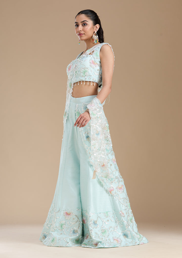 Sky Blue Sequins Soft Raw Silk Readymade Salwar Suit