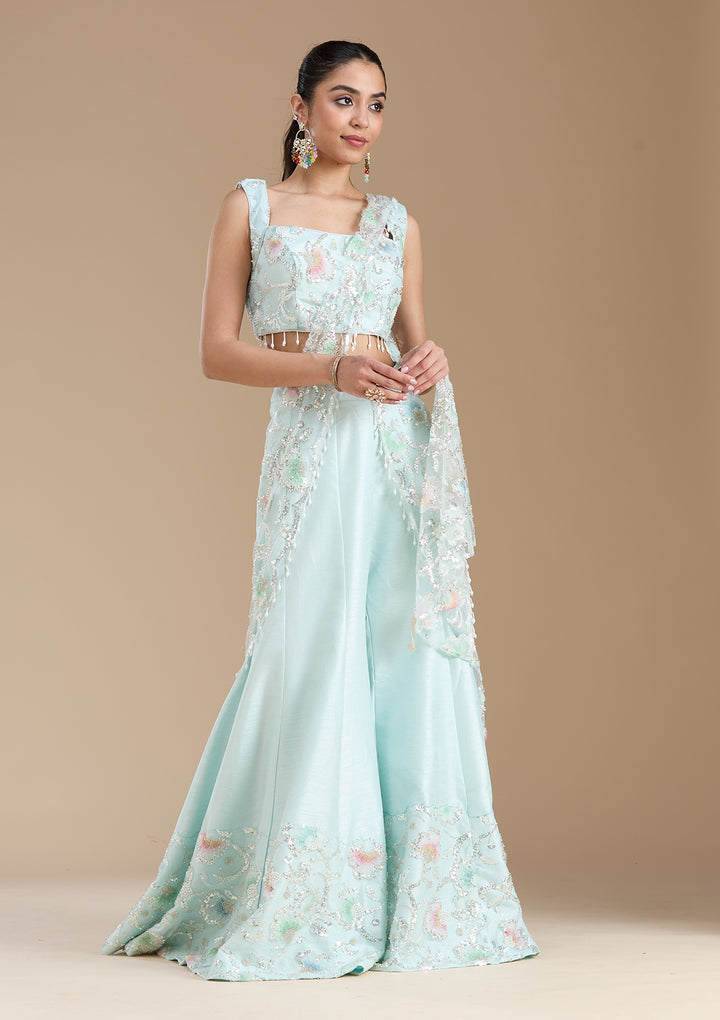 Sky Blue Sequins Soft Raw Silk Readymade Salwar Suit