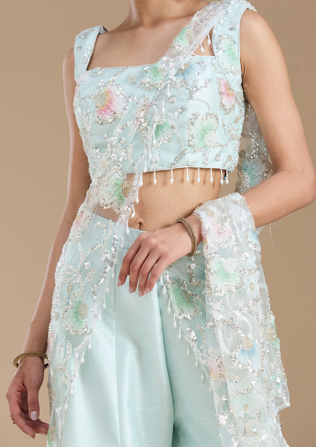 Sky Blue Sequins Soft Raw Silk Readymade Salwar Suit