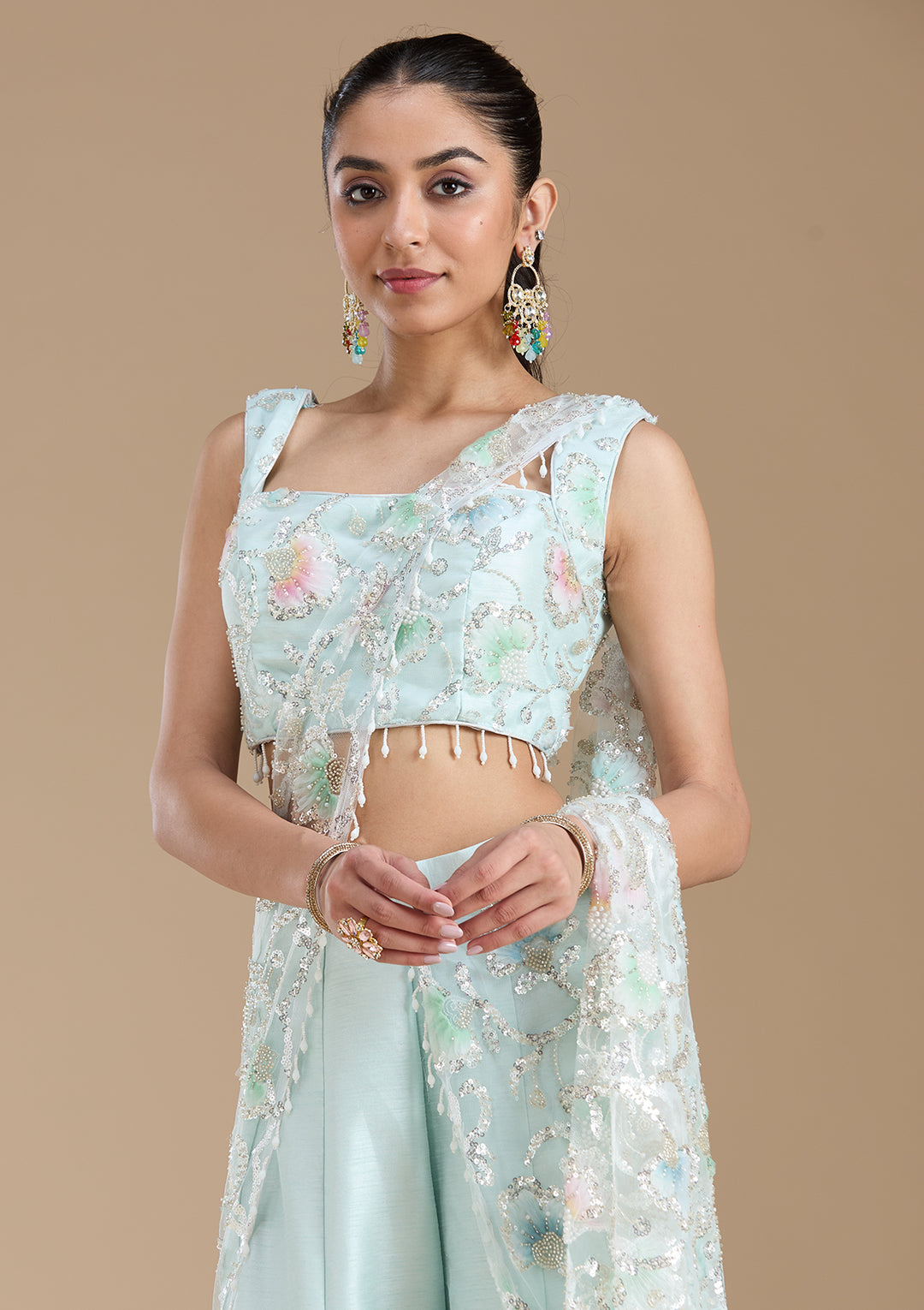 Sky Blue Sequins Soft Raw Silk Readymade Salwar Suit