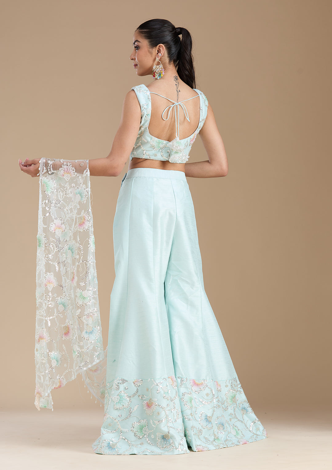 Sky Blue Sequins Soft Raw Silk Readymade Salwar Suit