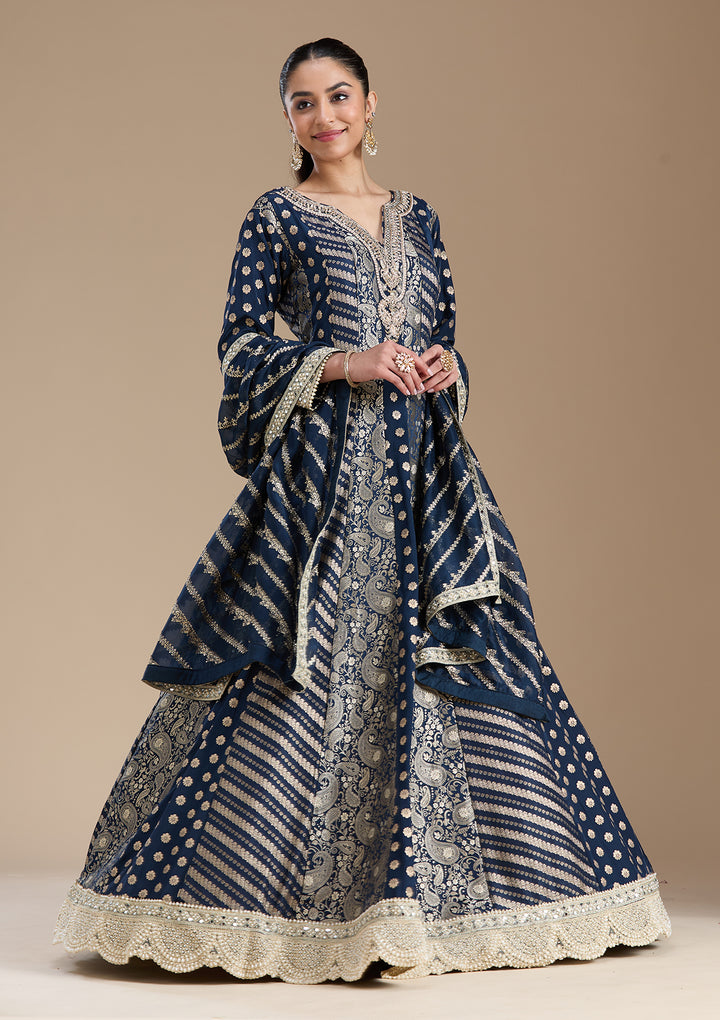 Navy Blue Zariwork Brocade Readymade Salwar Suit
