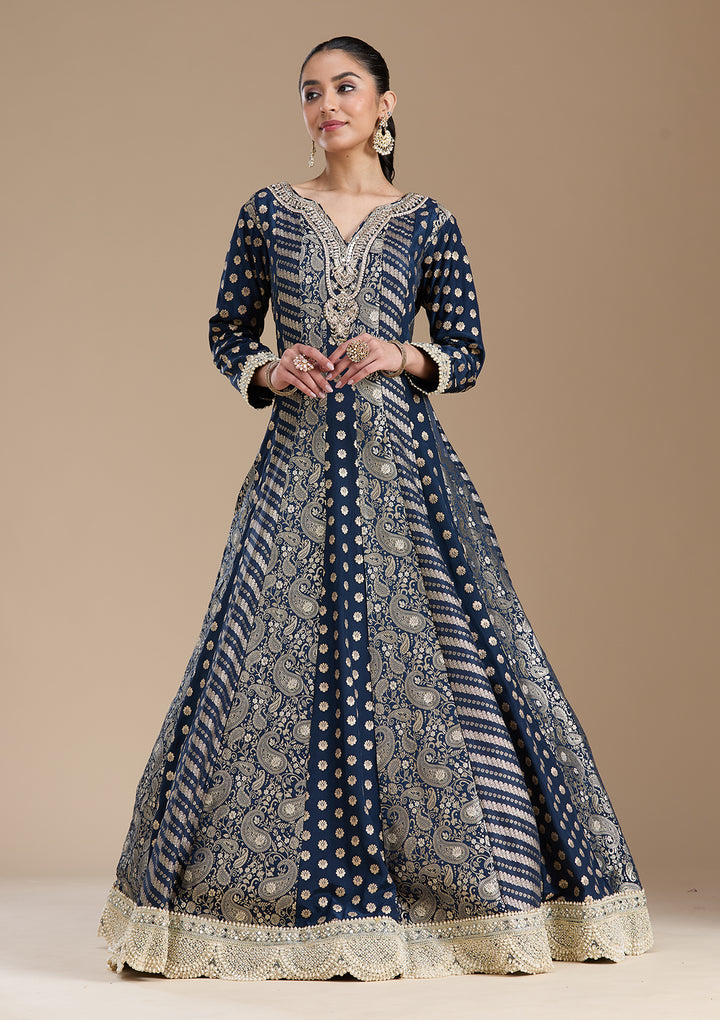 Navy Blue Zariwork Brocade Readymade Salwar Suit