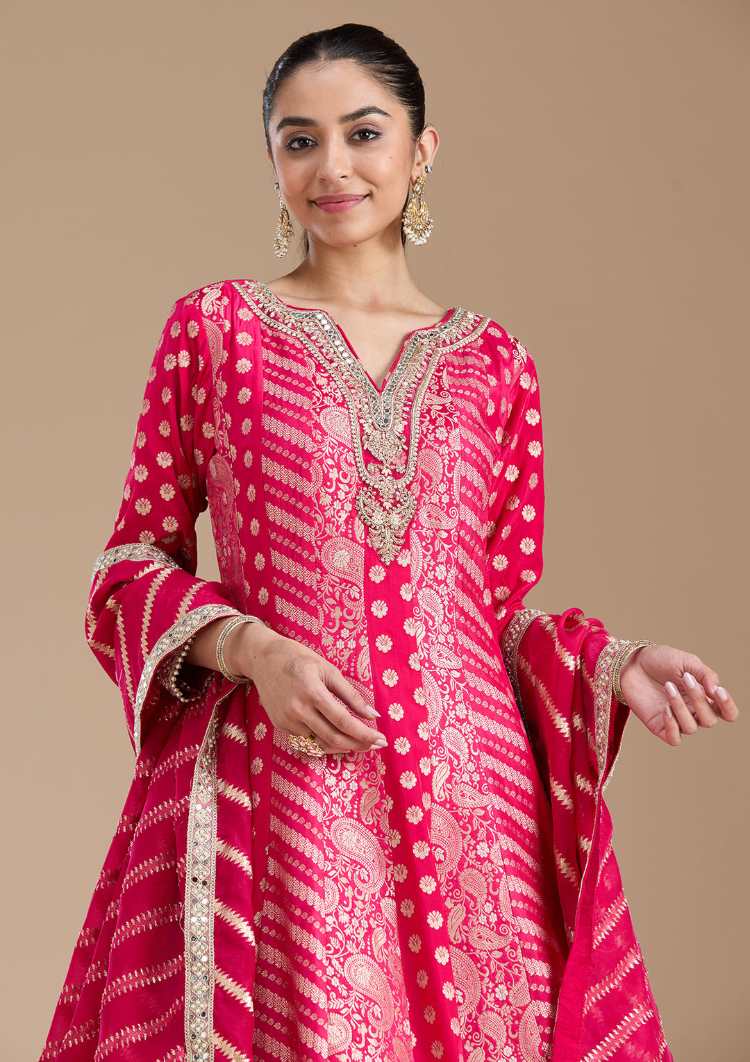 Rani Pink Zariwork Brocade Readymade Salwar Suit