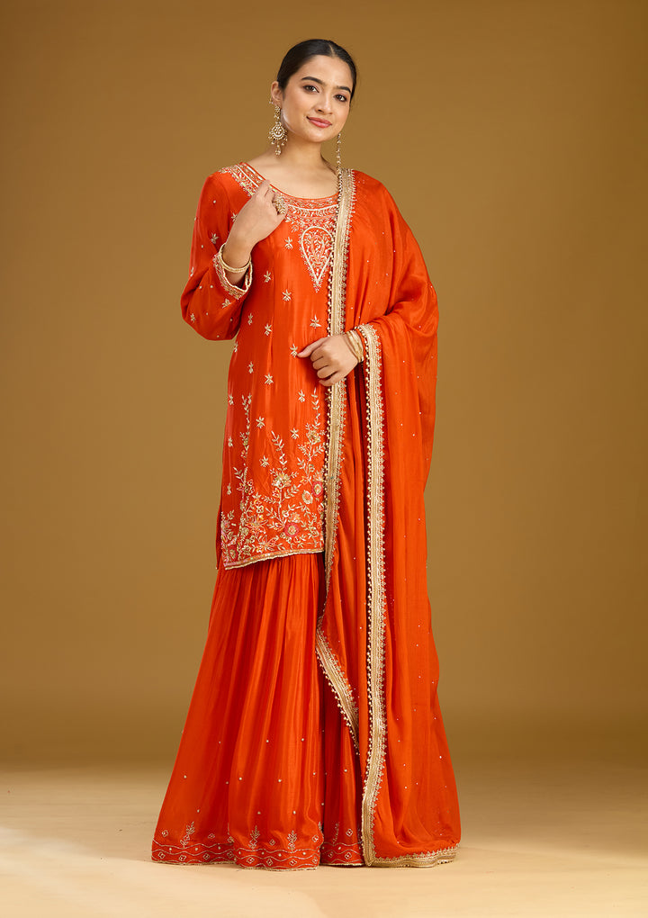 Rust Chinon Threadwork Straight Kurta With Drape Skirt And Dupatta