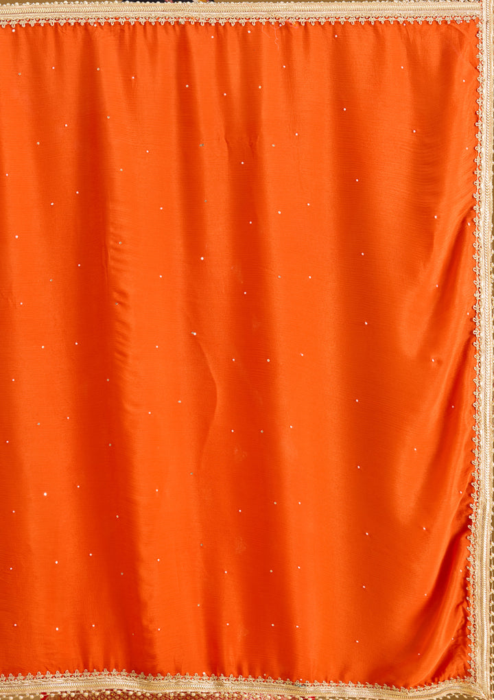 Rust Chinon Threadwork Straight Kurta With Drape Skirt And Dupatta