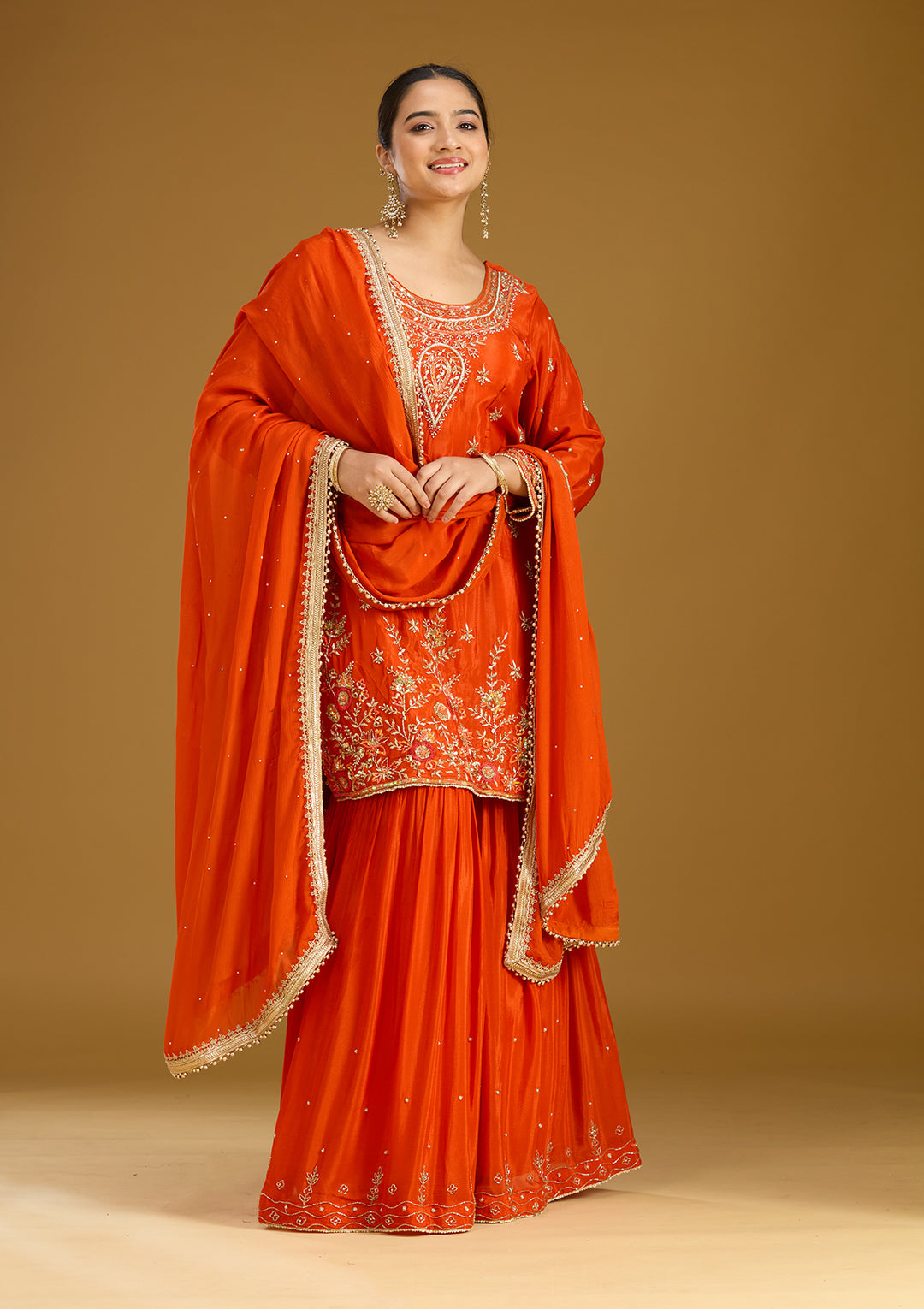 Rust Chinon Threadwork Straight Kurta With Drape Skirt And Dupatta