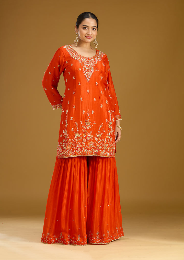 Rust Chinon Threadwork Straight Kurta With Drape Skirt And Dupatta