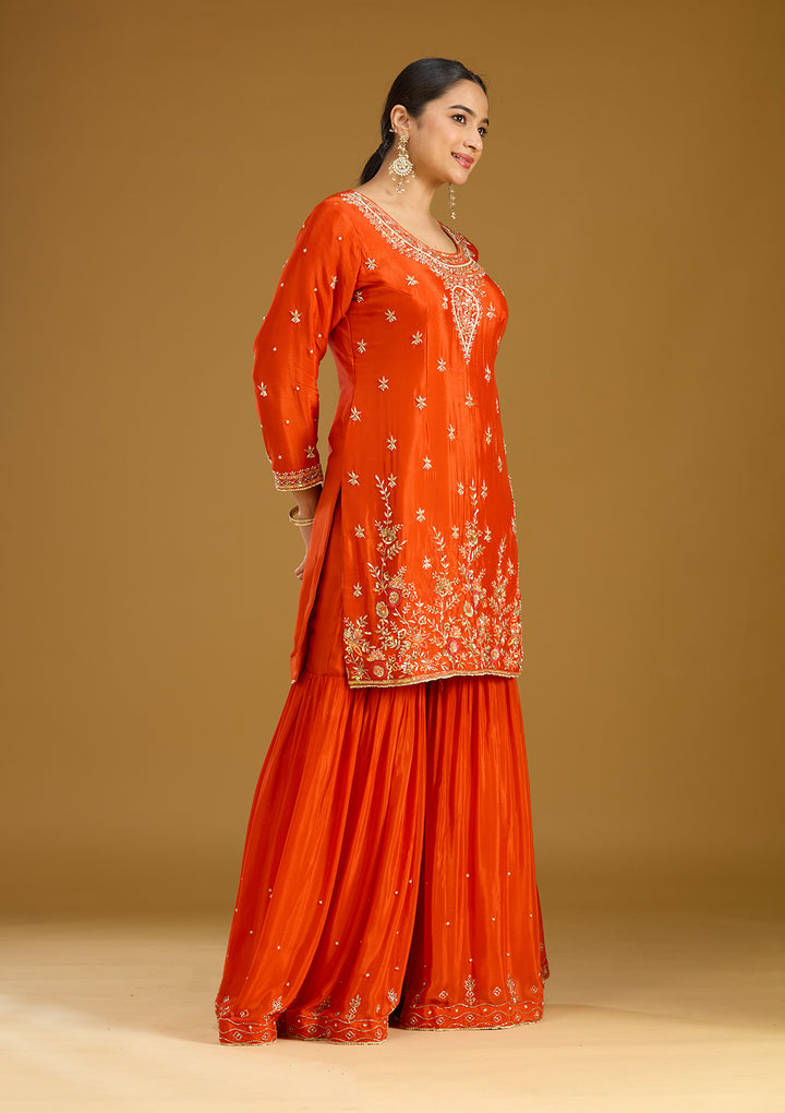 Rust Chinon Threadwork Straight Kurta With Drape Skirt And Dupatta