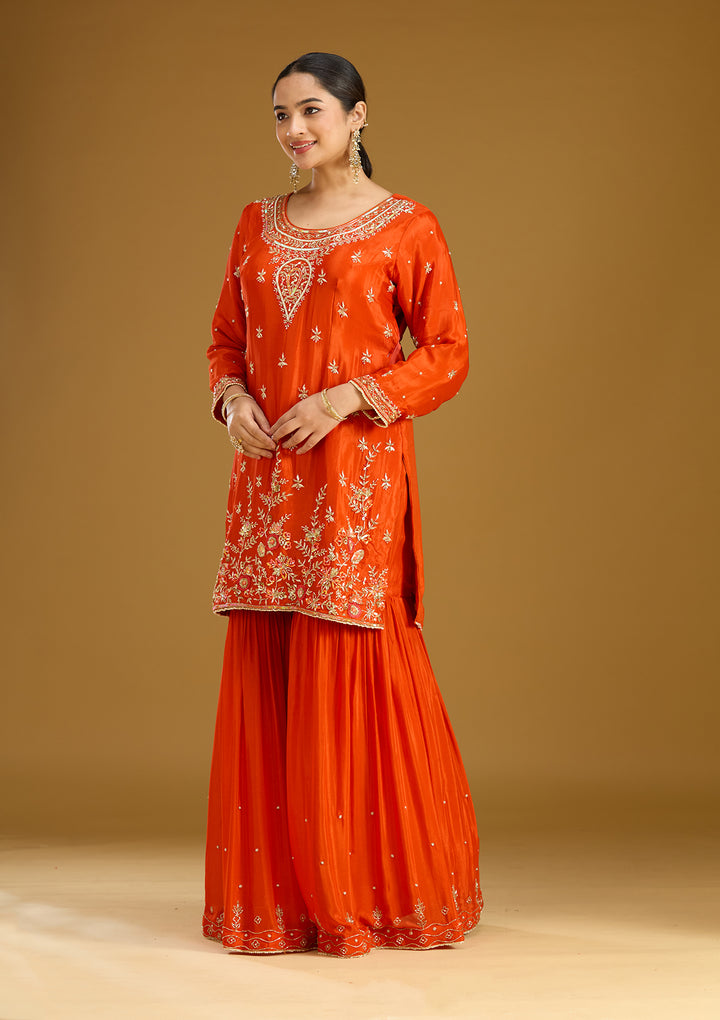 Rust Chinon Threadwork Straight Kurta With Drape Skirt And Dupatta