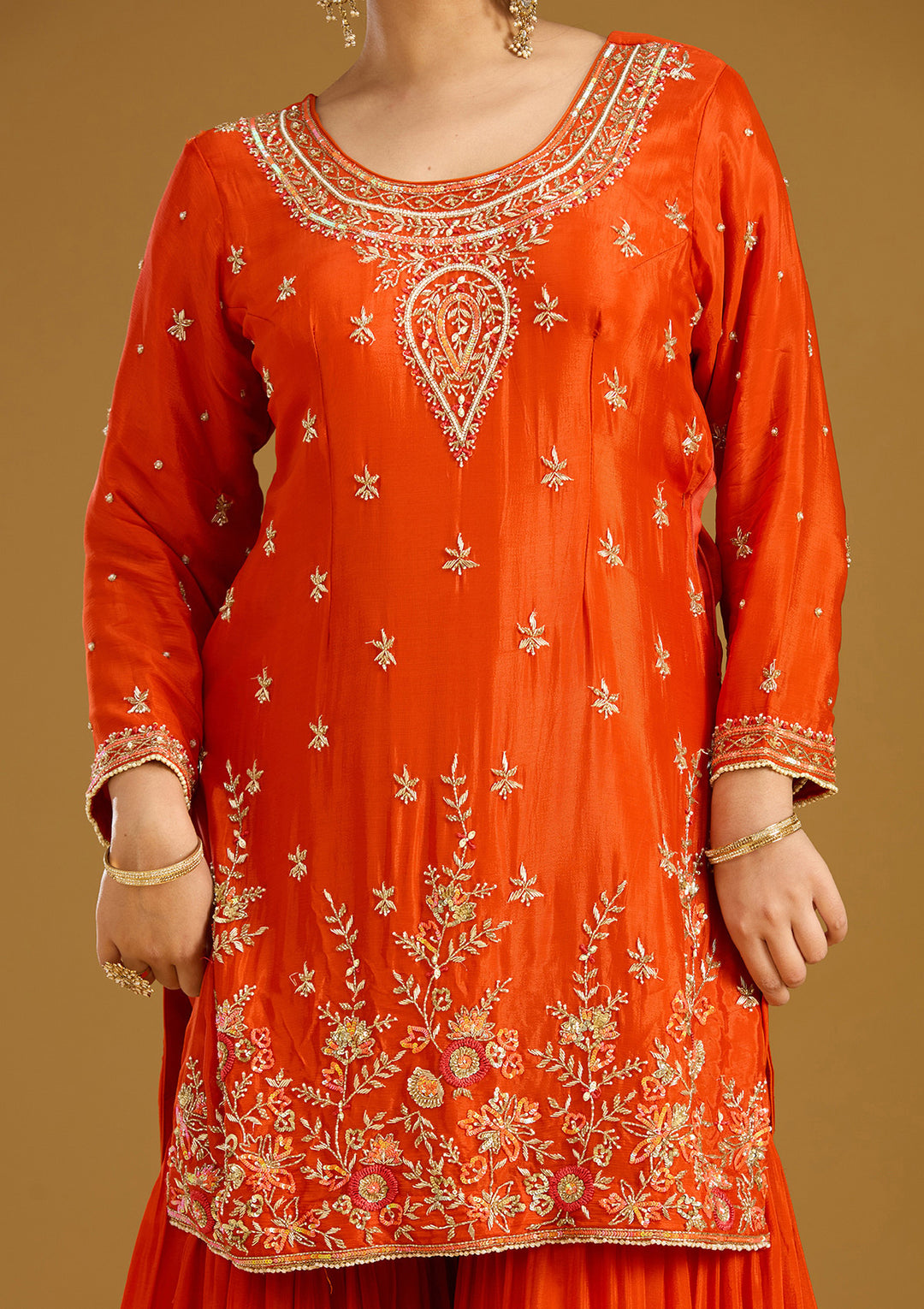 Rust Chinon Threadwork Straight Kurta With Drape Skirt And Dupatta